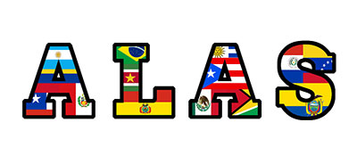 Association of Latinx American Students (ALAS) logo featuring letters filled in with various Latin American flags
