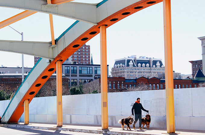 A man and his two dogs walking across a colorful bridge