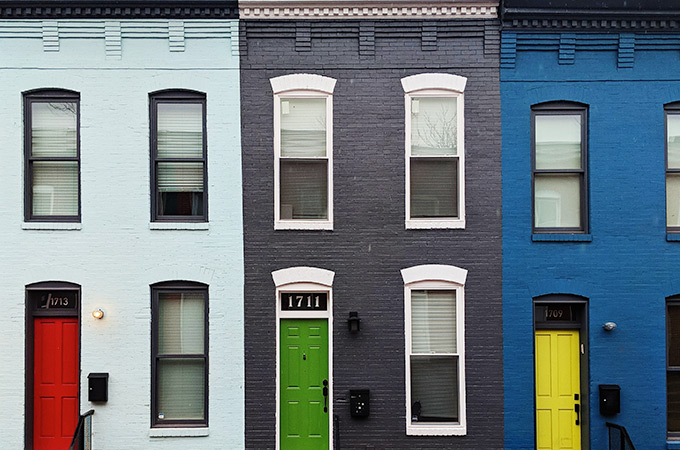 Rowhomes, each home having unique brick colors