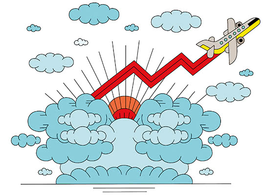 Illustration of an airplane flying up and out of clouds with a bar graph trailing the plane