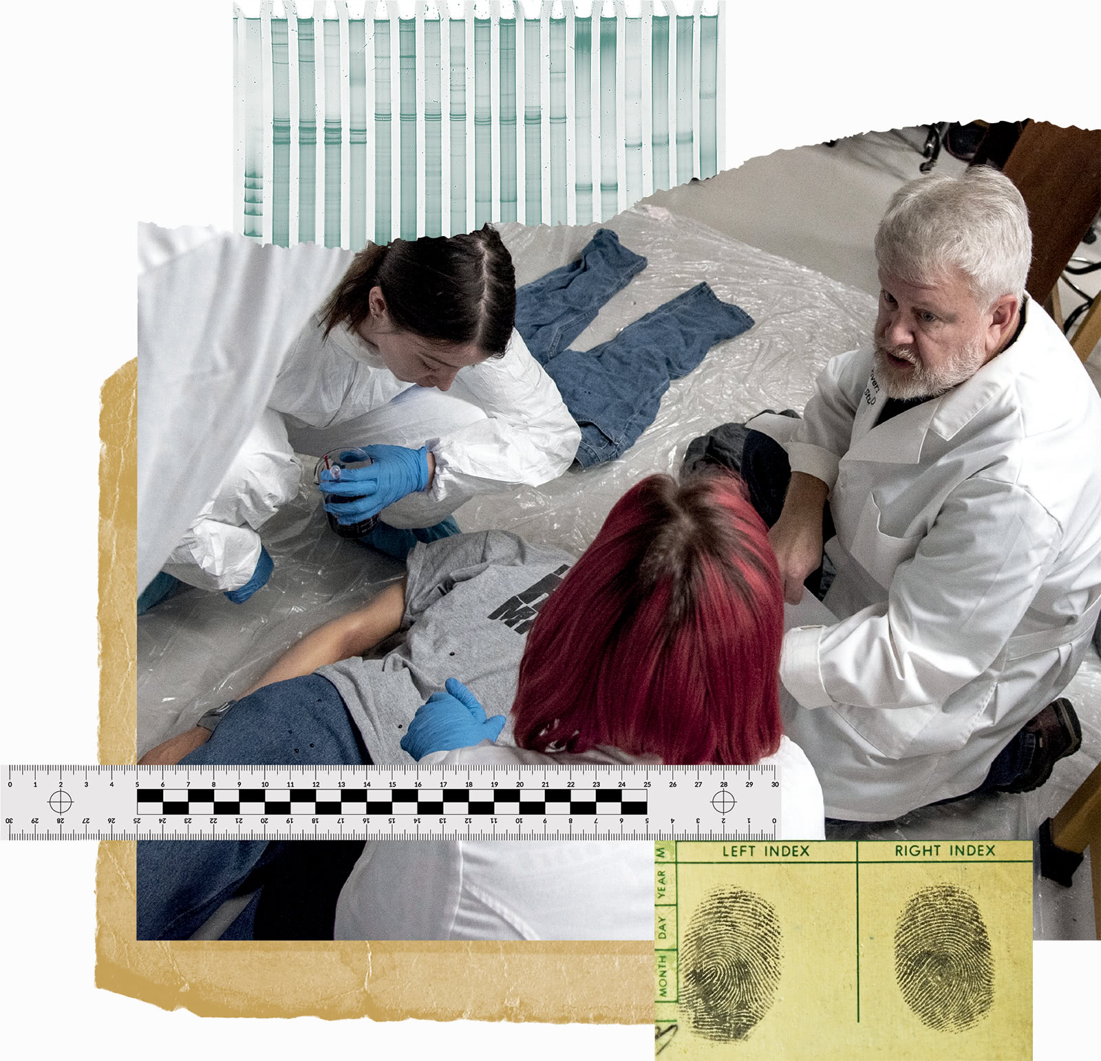 David Rivers and his students kneel on the ground examining a fake cadaver