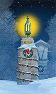 Loyola lamp in snow with Sellinger School in background