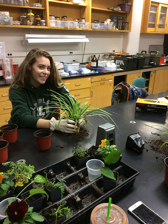 Student in the lab with various plants