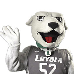 Iggy, Loyola's Greyhound mascot, waving in a basketball uniform