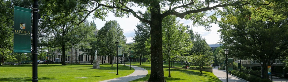 Loyola's grassy academic Quad with lush trees in the summertime