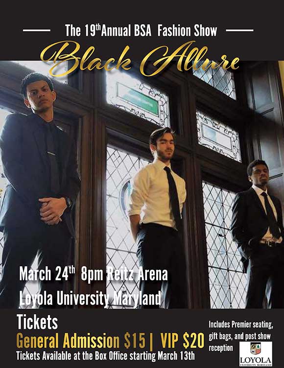 2017 flyer with 3 male models in black and white shirts and ties standing in the frames of backlit Tudor-style windows