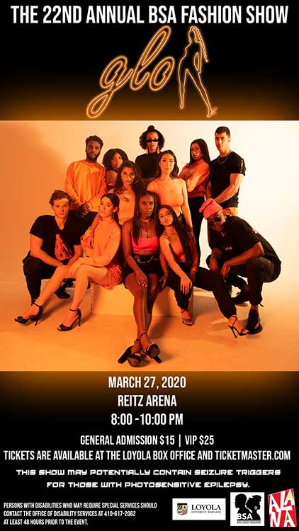 2020 flyer featuring the cast posing under a bright orange hue