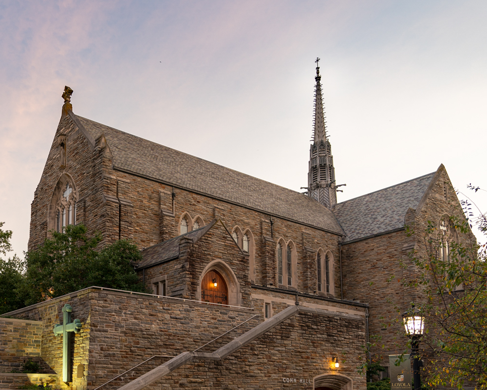 Exterior of Loyola's Alumni Memorial Chapel, which serves as the venue for the majority of weddings on campus