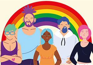 Illustration of five people with unique differences and a rainbow