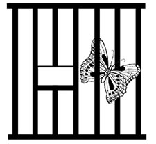 Black and white butterfly escaping imprisonment from behind vertical bars