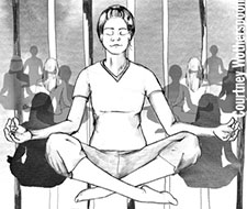 Black and white drawing of a woman meditating
