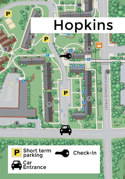 Map depicting important check-in locations for Hopkins Court move-in