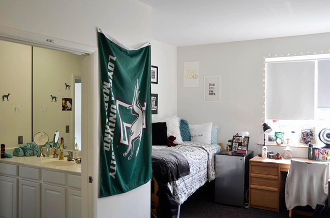 The interior of a dorm room with a large Loyola Greyhounds flag on the wall