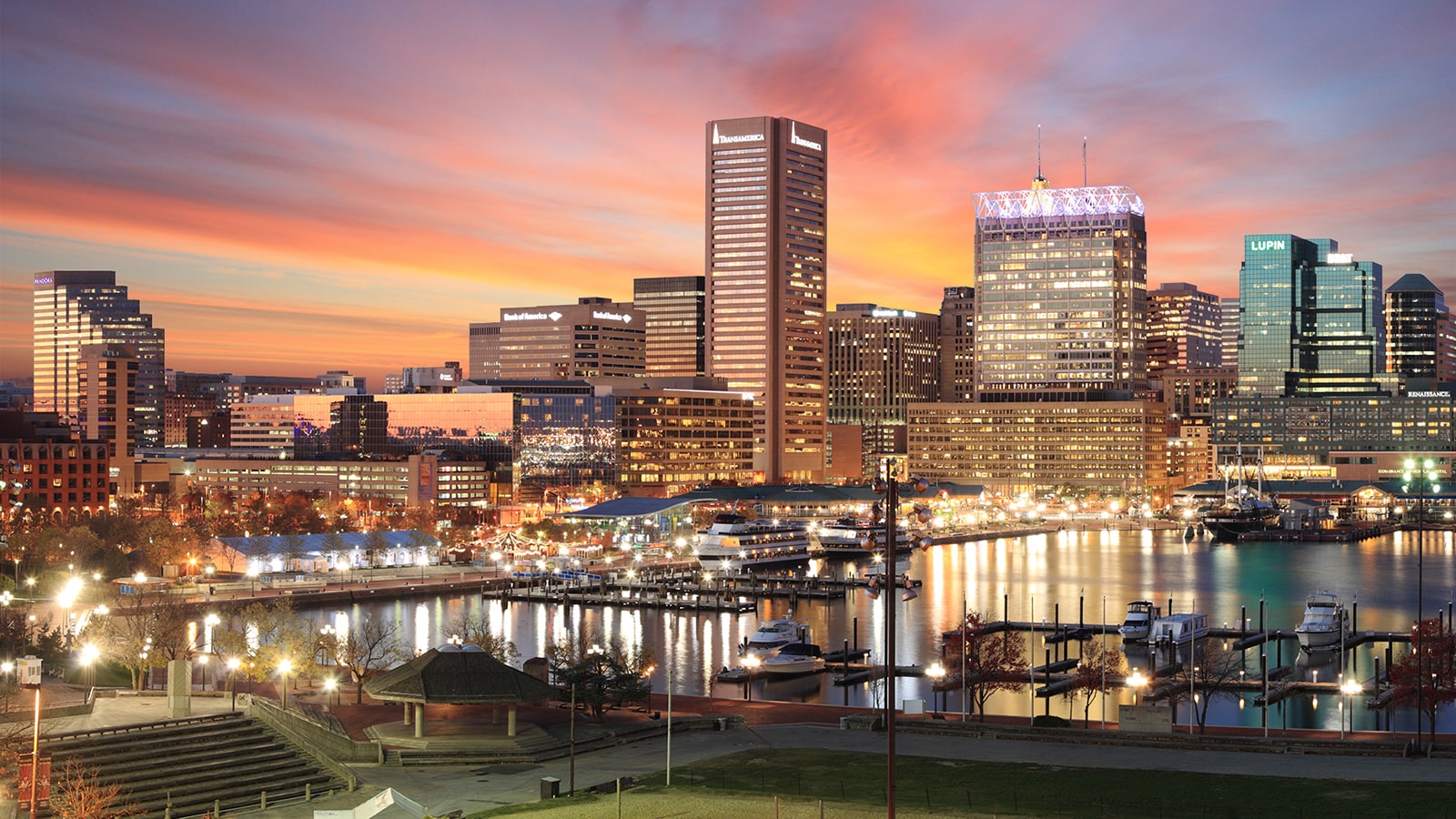 Photo of sunset over downtown Baltimore and the Inner Harbor