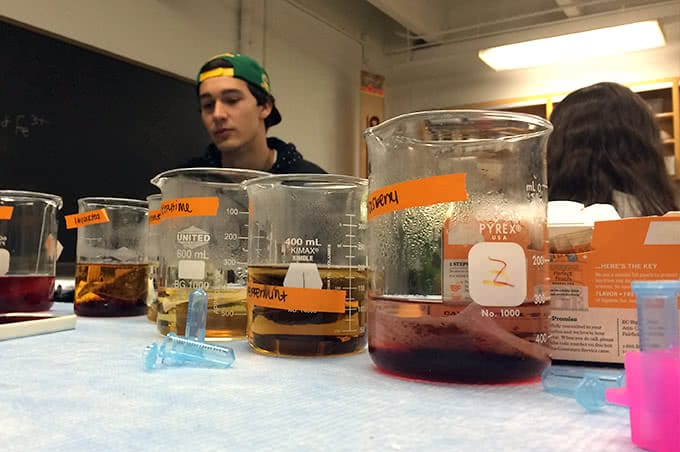 Liquid tea solutions in beakers