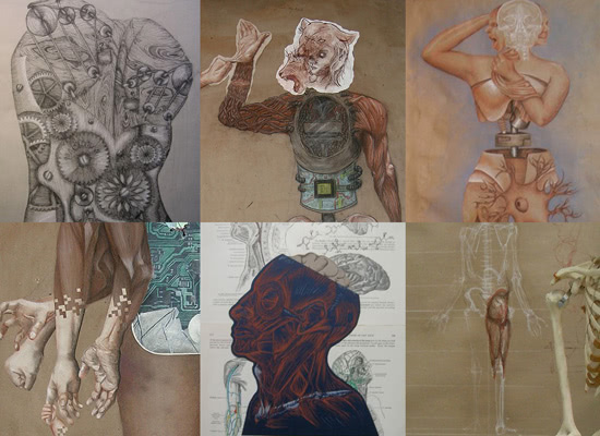 A collage of drawings of the human form with various cultural modifications