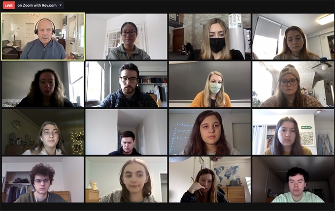 Screenshot of multiple students attending a virtual lecture on Zoom