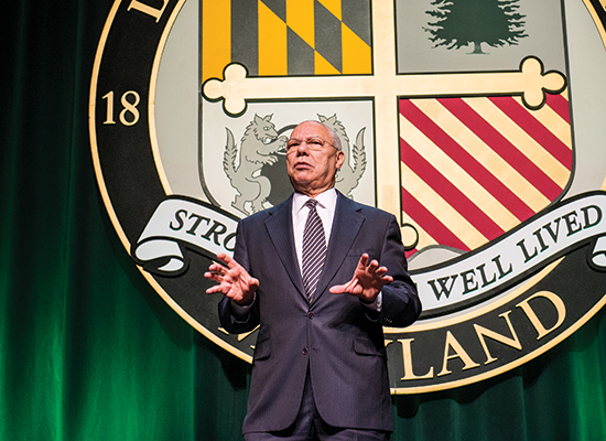 Gen. Colin Powell speaking on stage at Loyola.