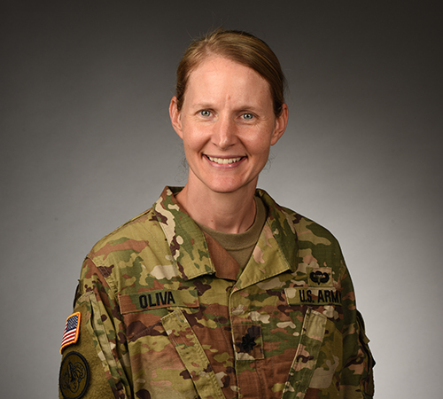 Lt. Col. Ammilee A. Oliva smiles, wearing her Army uniform in official portrait.