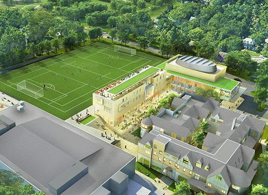 Digital render of new complex between humanities manor and athletics field.