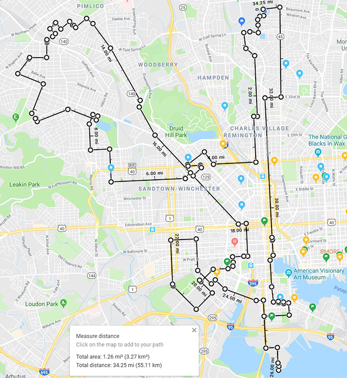 A map of a walking route through Baltimore
