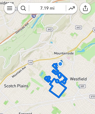 Google Maps screenshot showing a running route totaling 7.19 miles