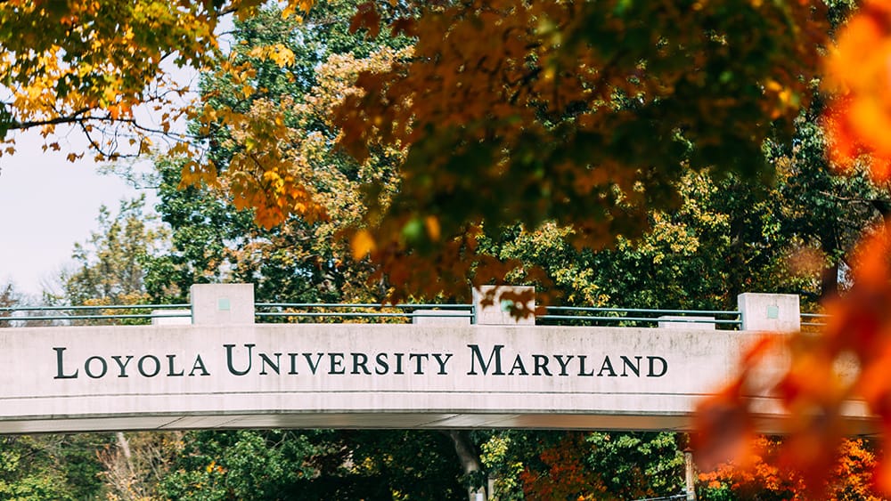 A bridge with the words Loyola University Maryland surrounded by fall foliage