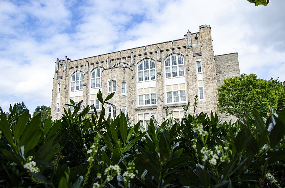 The exterior of Jenkins Hall with greenery in the foreground