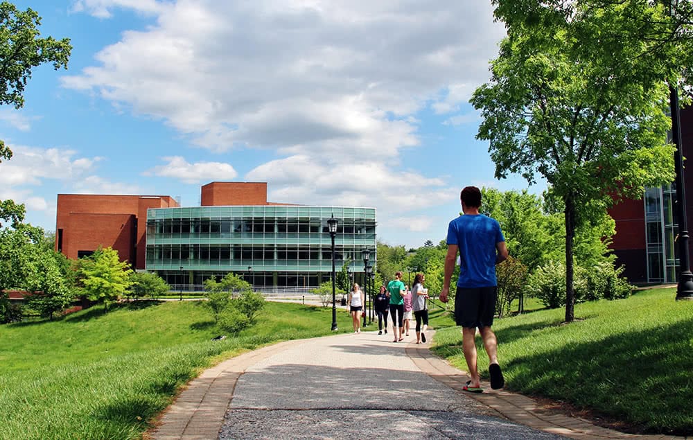 Students walking along a paved path, the library can be seen in the background