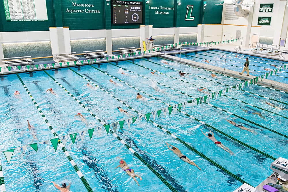 Many students practicing swimming in lanes in a large pool