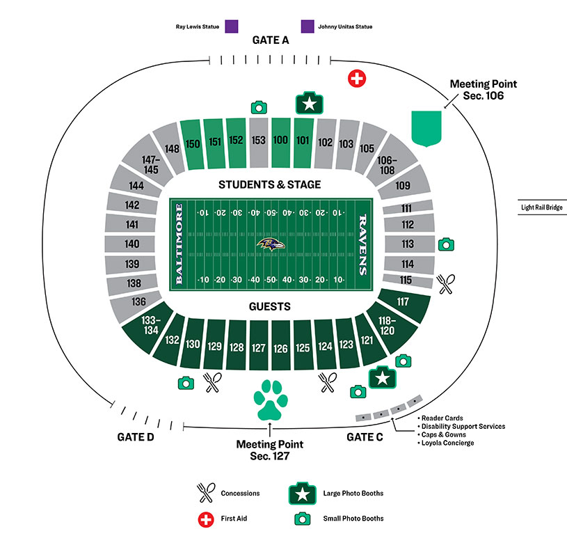 Map of M&T Bank Stadium that highlights important locations