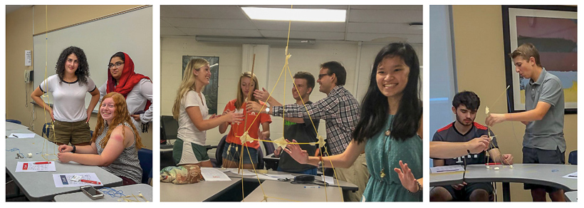 Three pictures of students at orientation team building event, building spaghetti towers