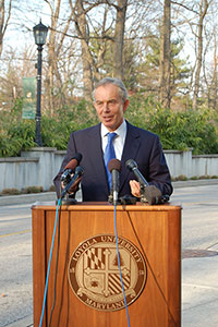 Tony Blair participates in a press conference prior to his lecture 