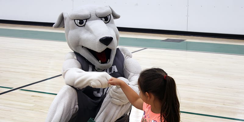A young female child fist-bumping Loyola's Greyhound mascot