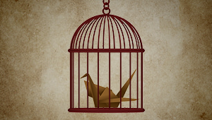 Illustration of an origami bird in a bird cage