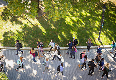 Aerial shot of students walking on campus