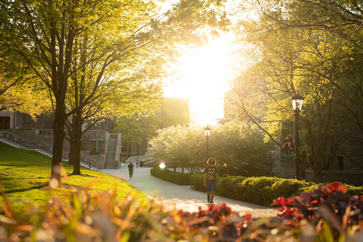 A couple of students walking across the sunlit quad at golden hour