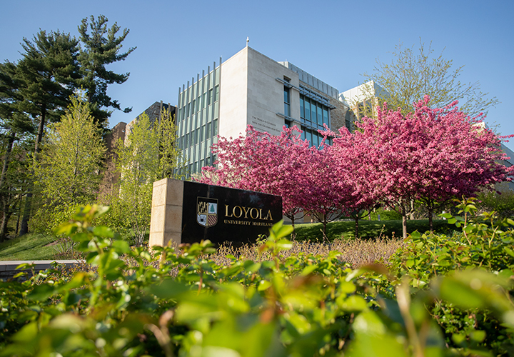 Loyola University Maryland sign in front of the Fernandez Center