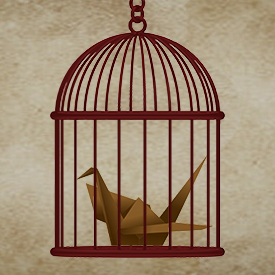 An illustration of an origami bird in a birdcage