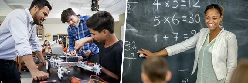 STEM educators teaching math and helping students with robots