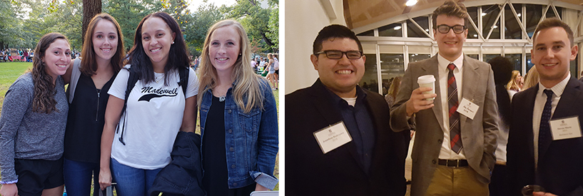 Left: Four students at a tabling event Right: Three students at a networking event