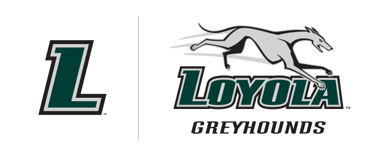 Two logos for Loyola Athletics - A stylized L and another with a running greyhound graphic and text reading Loyola Greyhounds