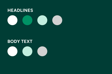 Loyola green background color with examples showing appropriate colors for headings and body text