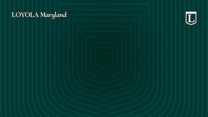 A repeating, concentric shield outline with the Loyola Maryland wordmark and the small L shield.