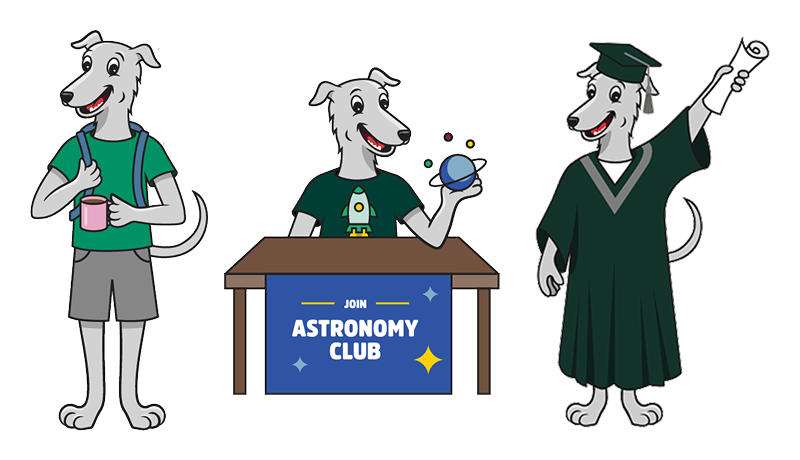 Three illustrations of school spirit Iggy next to each other, one dressed casually, one sitting at a table, and one in a graduation robe