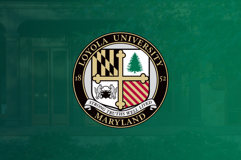 Loyola University Maryland Academic Shield graphic centered on a color overlayed image of the humanities building porch