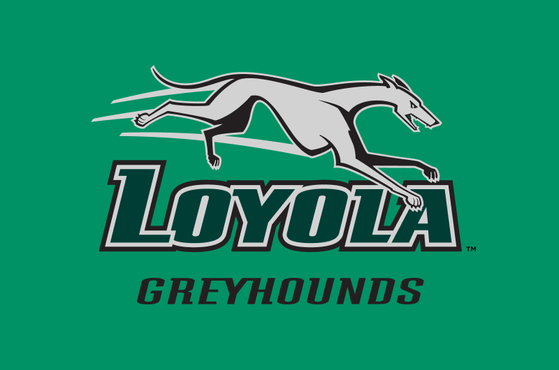 Athletics Logo on white background reading Loyola Greyhounds an illustration of a greyhound running