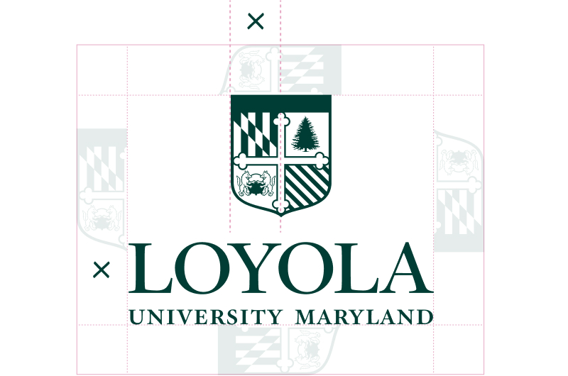 Loyola University Maryland Logo in green with markings showing graphical safe space when using the logo publicly