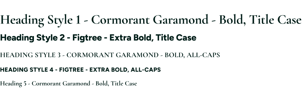 Typography sample showing five heading styles in Cormorant Garamond and Figtree, in title case and all caps.