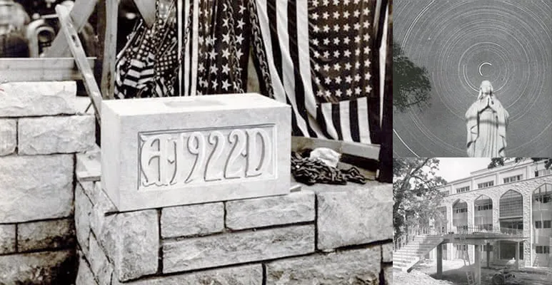 Historical black and white photos of buildings and a statue on campus